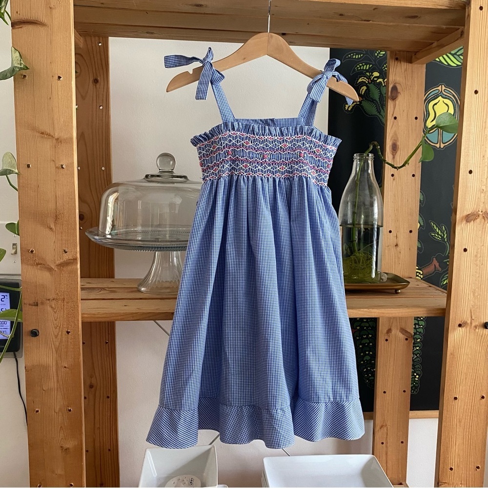 Anavini Blue White Gingham Plaid Smocked Tie Shoulder Dress 2t - Picture 2 of 12